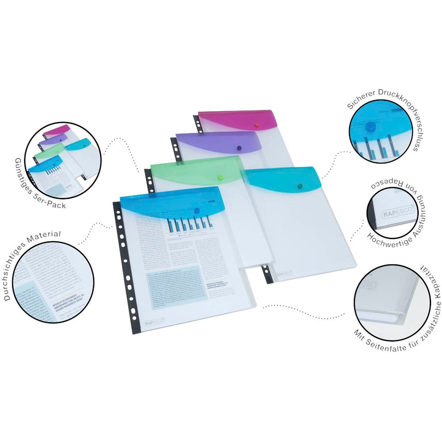 RAPESCO® Dokumententaschen DIN A4 farbsortiert glatt | 1630 | 1 Pack = 5 St.