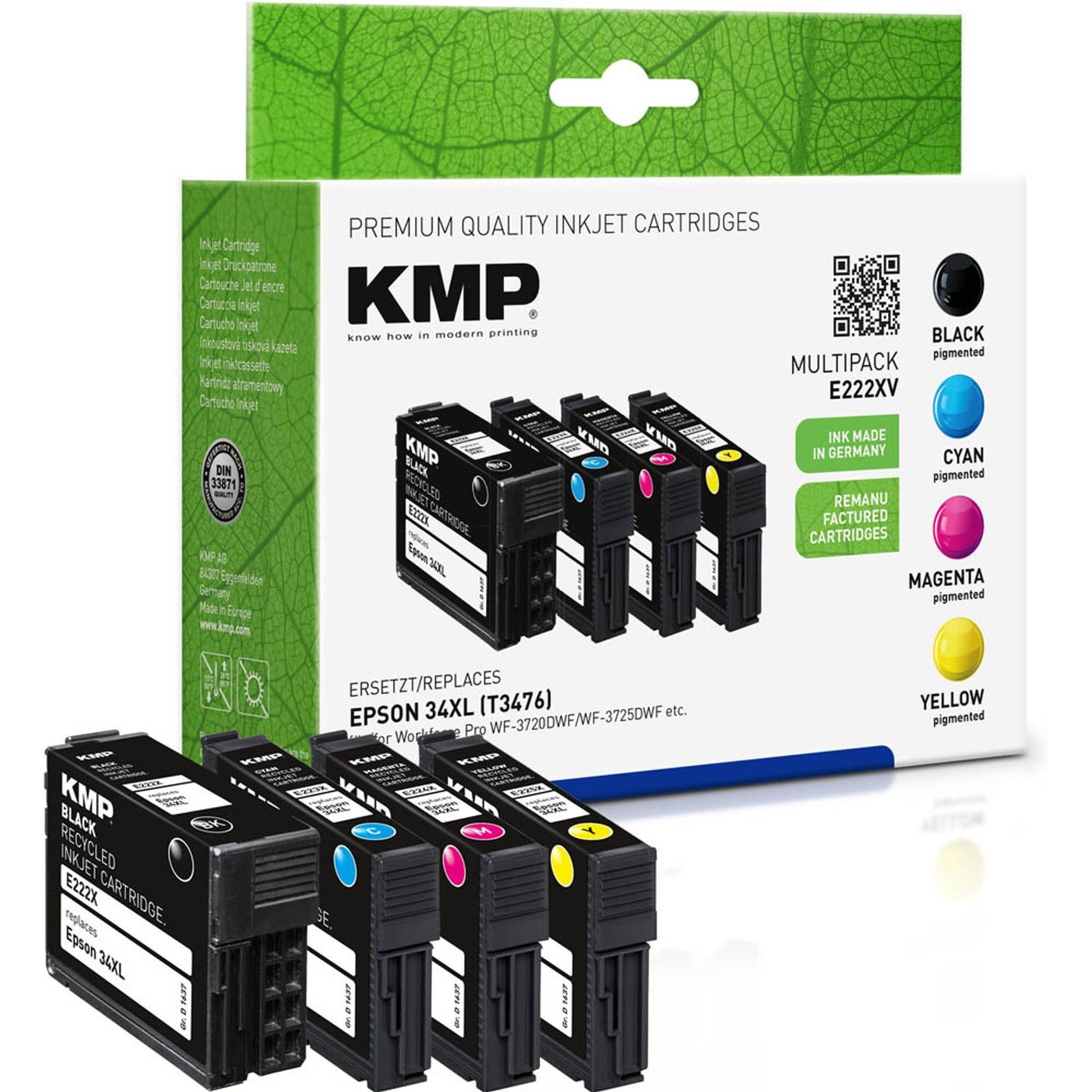 KMP E222XV schwarz, cyan, magenta, gelb Druckerpatronen kompatibel zu EPSON 34XL (T3476), 4er-Set | 1637,4005 | 1 Pack = 4 St.