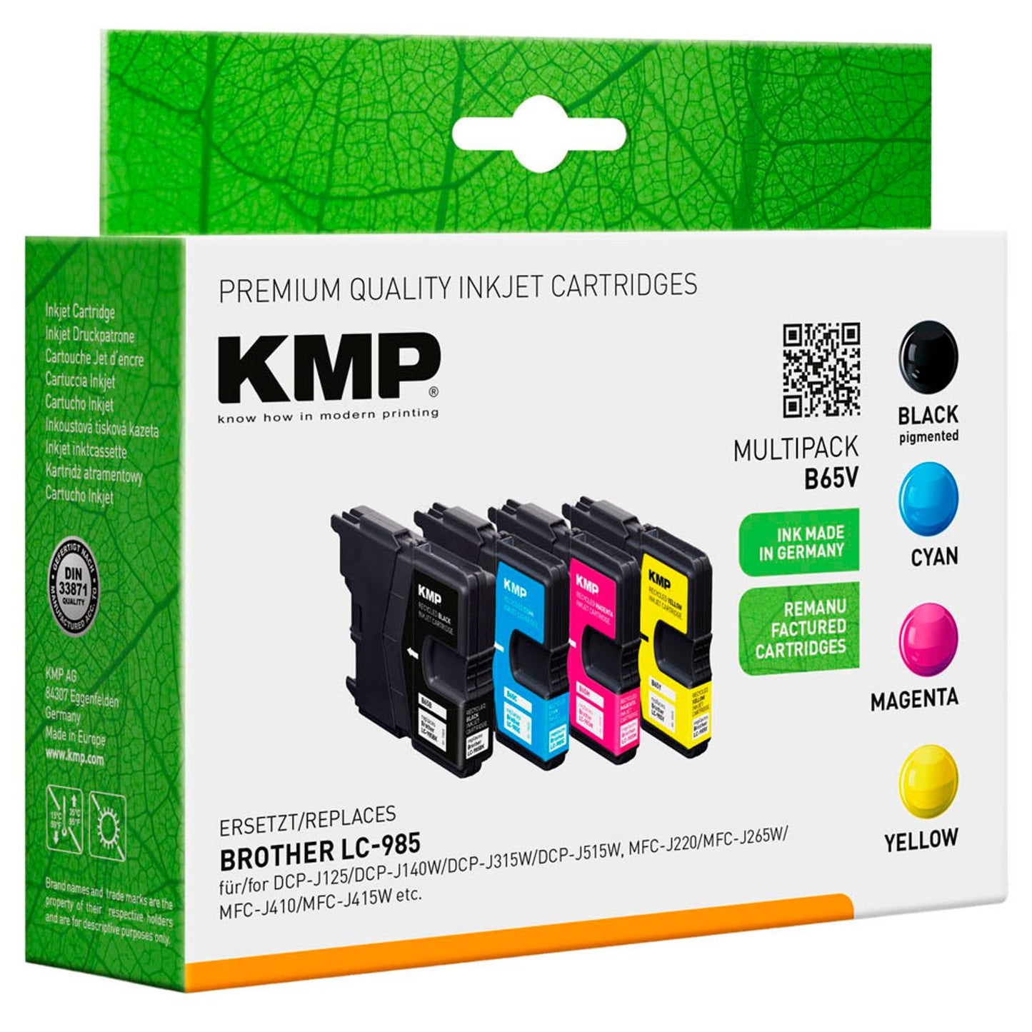 KMP B65V schwarz, cyan, magenta, gelb Druckerpatronen kompatibel zu brother LC985VALBP , 4er-Set | 1523,4005 | 1 Pack = 4 St.