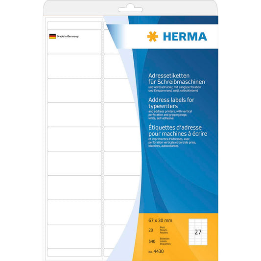 HERMA Adressetiketten weiß 67,0 x 30,0 mm | 4430 | 1 Pack = 20 Blatt