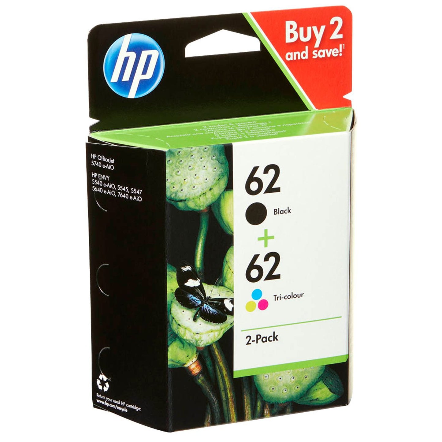 HP 62 () schwarz, color Druckerpatronen, 2er-Set | N9J71AE | 1 Pack = 2 St.