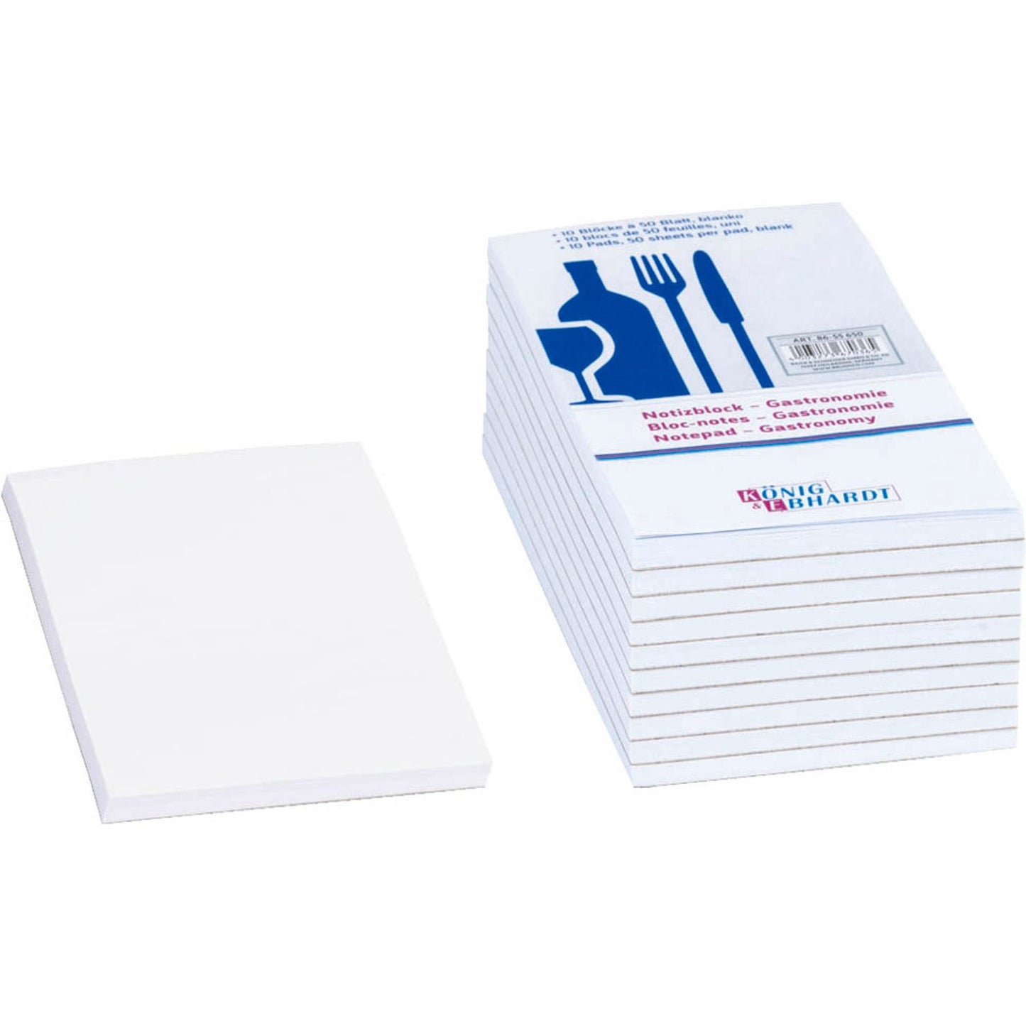 KÖNIG & EBHARDT Kellnerblock Notizzettel geleimt weiß 7,5 x 14,0 cm, , 10 Blöcke | 86-55650 | 1 Pack = 10 Blöcke