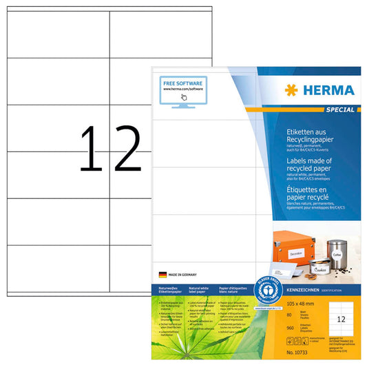 HERMA Etiketten weiß 105,0 x 48,0 mm | 10733 | 1 Pack = 80 Blatt
