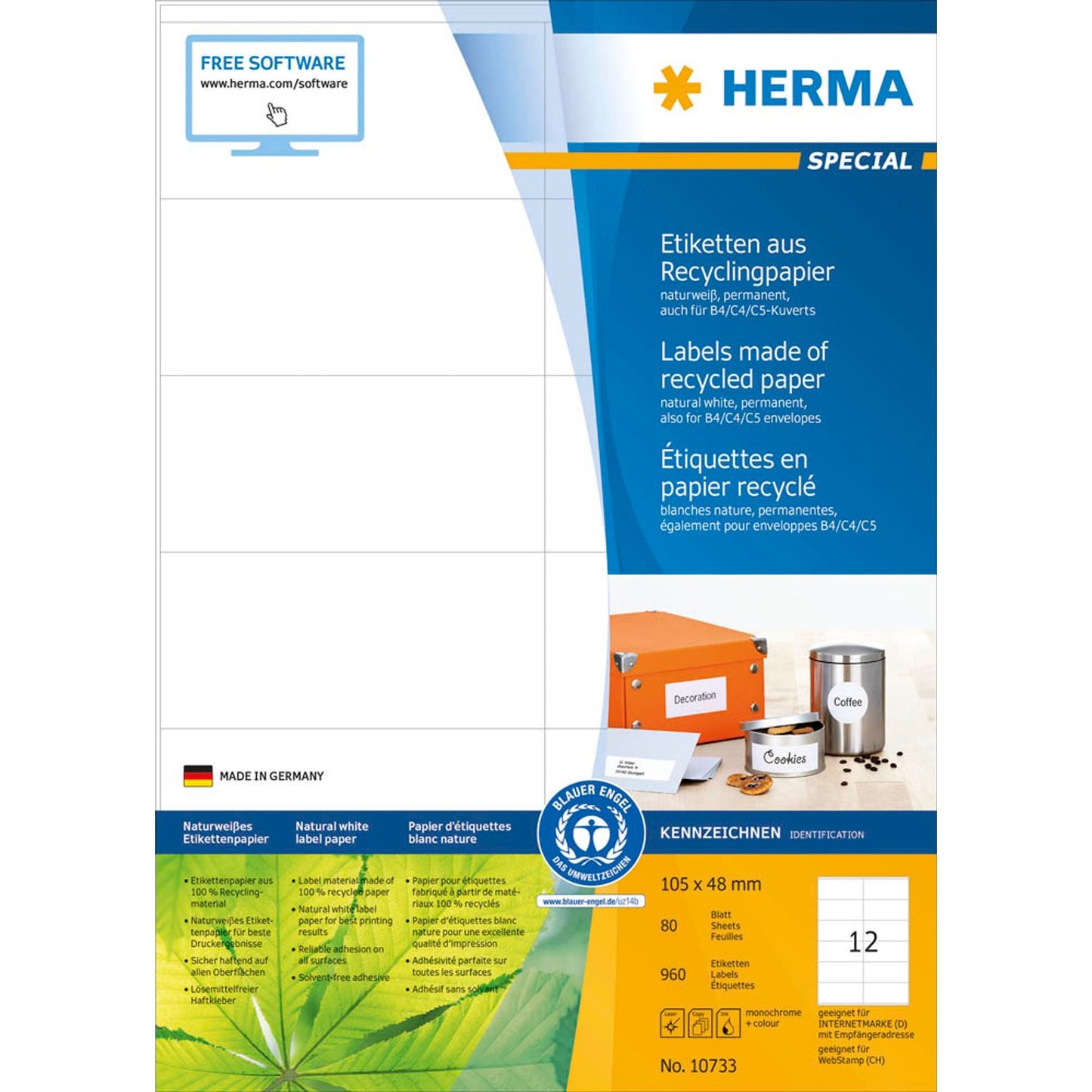 HERMA Etiketten weiß 105,0 x 48,0 mm | 10733 | 1 Pack = 80 Blatt