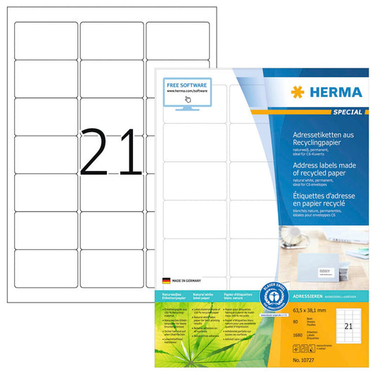 HERMA Etiketten weiß 63,5 x 38,1 mm | 10727 | 1 Pack = 80 Blatt