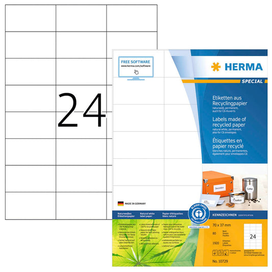 HERMA Etiketten weiß 70,0 x 37,0 mm | 10729 | 1 Pack = 80 Blatt
