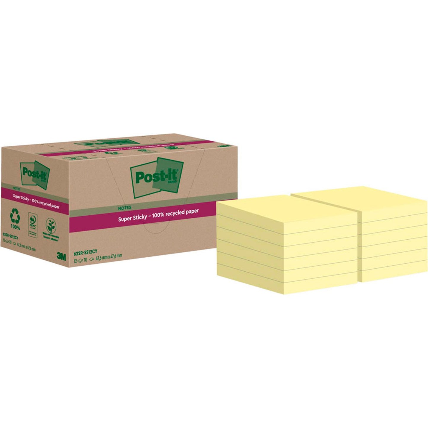 Post-it® Super Sticky Recycling Notes Haftnotizen extrastark gelb, 12 Blöcke | 654 RSS12CY | 1 Pack = 12 Blöcke