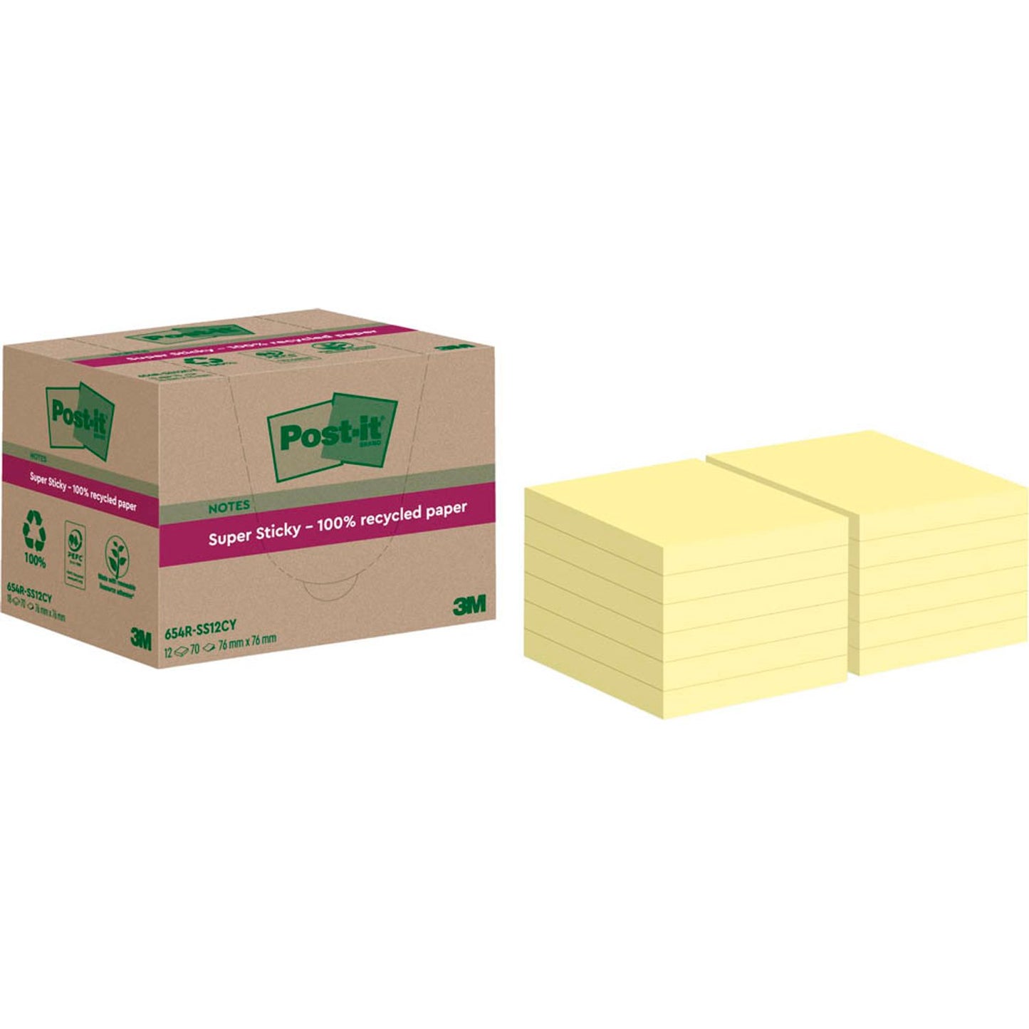 Post-it® Super Sticky Recycling Notes Haftnotizen extrastark gelb, 12 Blöcke | 654 RSS12CY | 1 Pack = 12 Blöcke