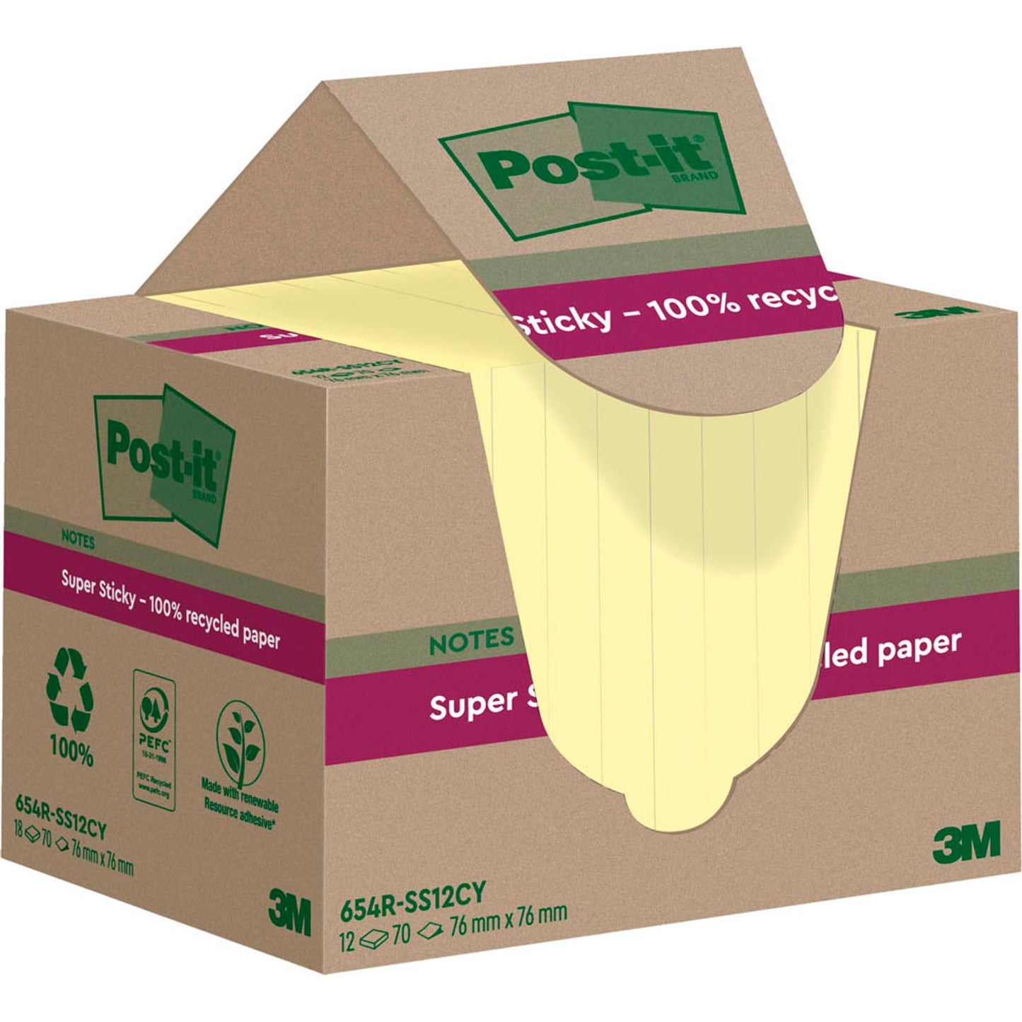 Post-it® Super Sticky Recycling Notes Haftnotizen extrastark gelb, 12 Blöcke | 654 RSS12CY | 1 Pack = 12 Blöcke