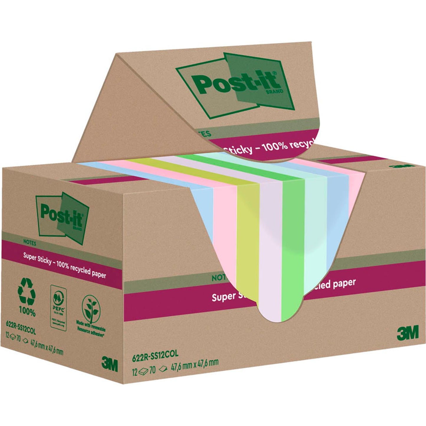 Post-it® Super Sticky Recycling Notes Haftnotizen extrastark farbsortiert, 12 Blöcke | 654 RSS12COL | 1 Pack = 12 Blöcke