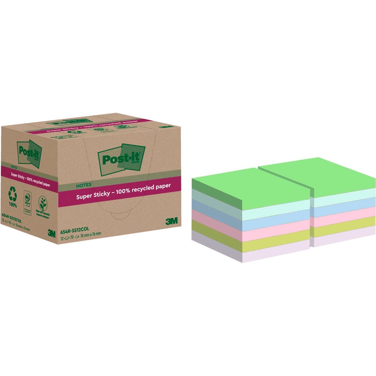 Post-it® Super Sticky Recycling Notes Haftnotizen extrastark farbsortiert, 12 Blöcke | 654 RSS12COL | 1 Pack = 12 Blöcke