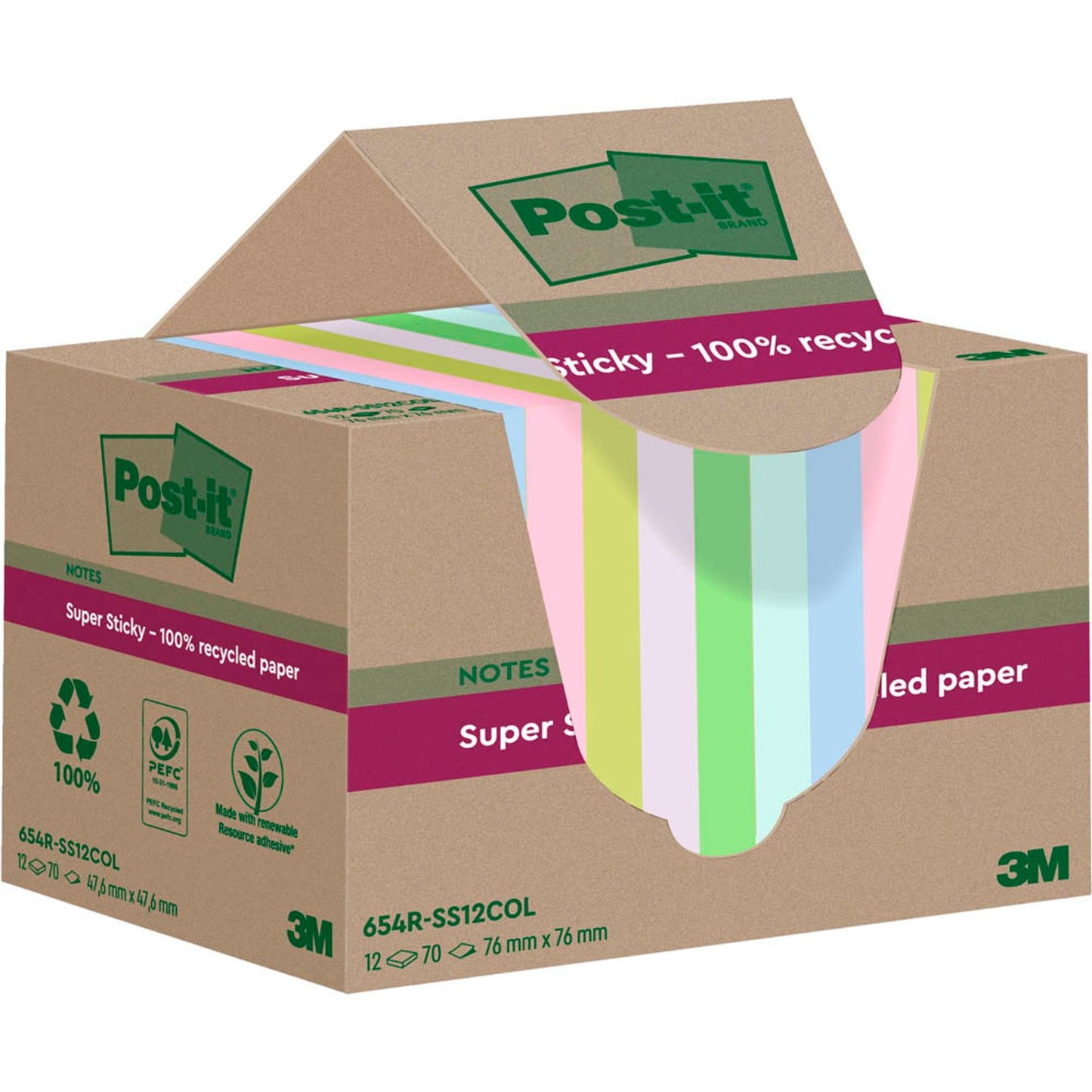Post-it® Super Sticky Recycling Notes Haftnotizen extrastark farbsortiert, 12 Blöcke | 654 RSS12COL | 1 Pack = 12 Blöcke