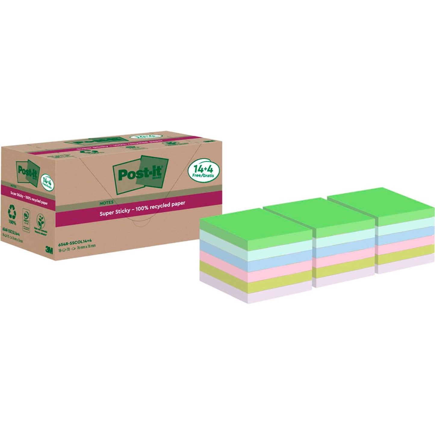 Post-it® Super Sticky Recycling Notes Haftnotizen extrastark farbsortiert, 18 Blöcke | 654 RSSCOL 14+4F | 1 Pack = 18 Blöcke