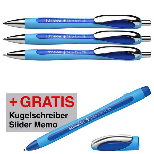 Schneider AKTION: Kugelschreiber Slider Rave XB blau, Schreibfarbe: blau, . + GRATIS Kugelschreiber Slider Memo XB | 30203 | 1 Aktionspack = 3 St.