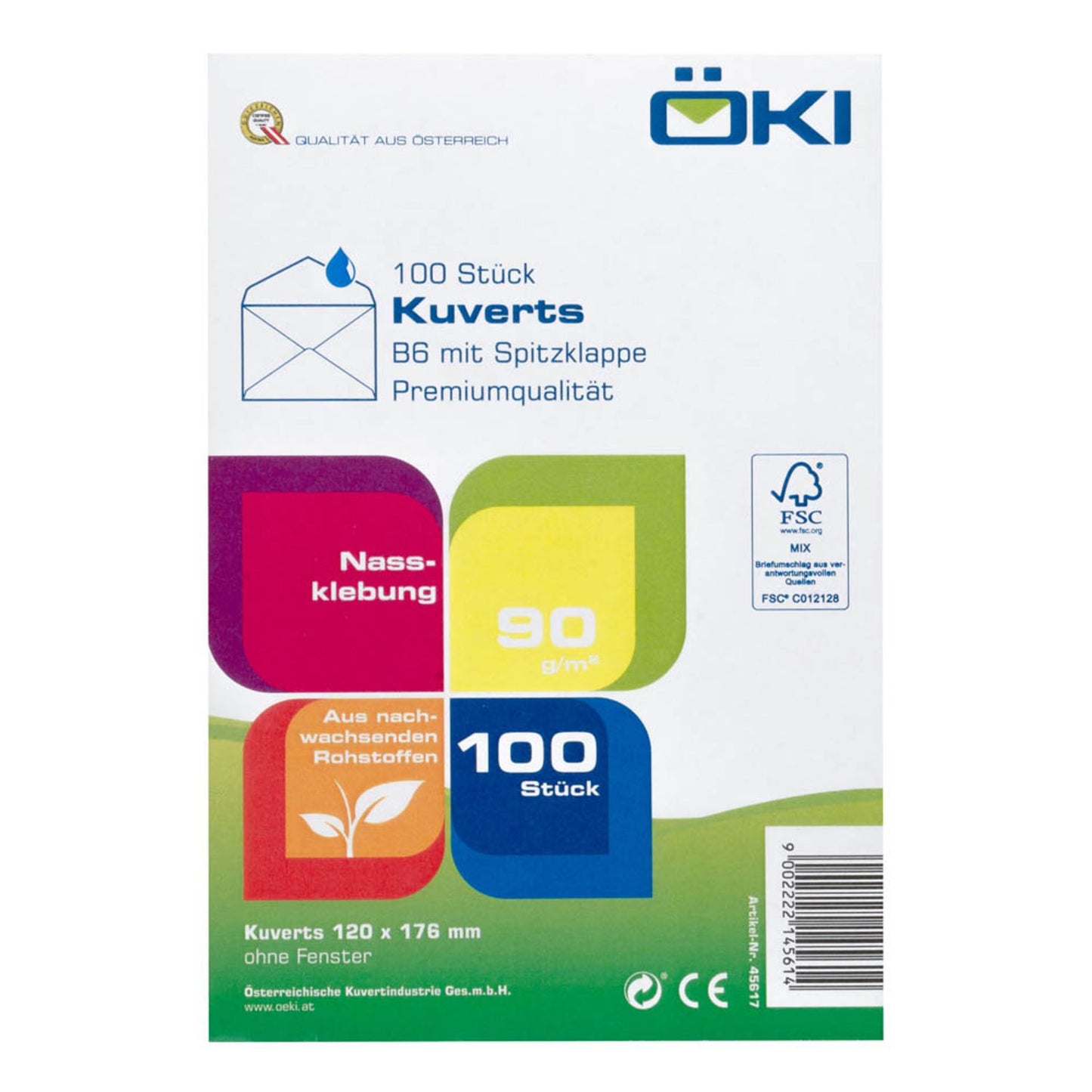 ÖKI Briefumschläge DIN B6 ohne Fenster weiß nassklebend | 45617 | 1 Pack = 100 St.