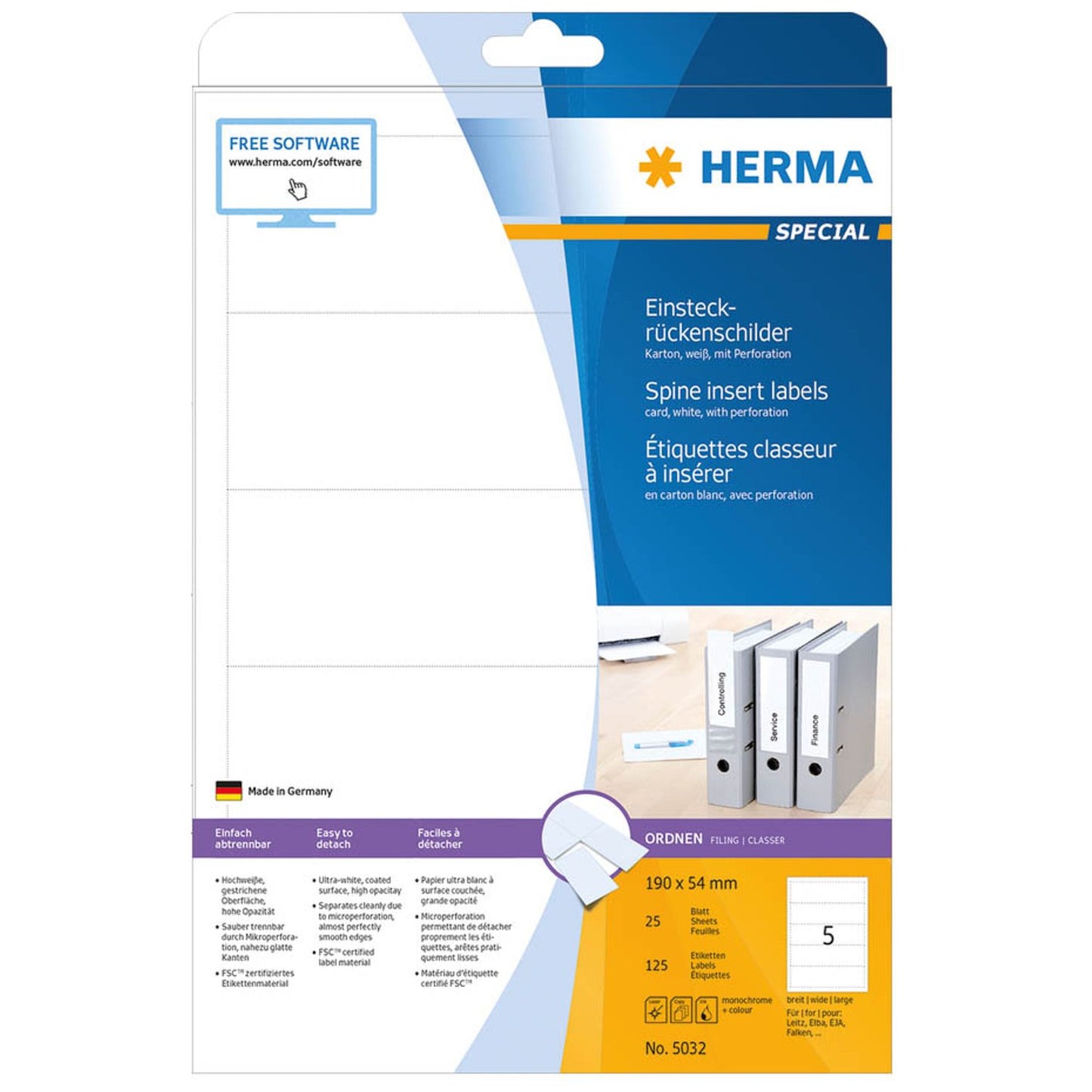 HERMA Einsteck-Rückenschilder weiß für 7,0 - 8,0 cm Rückenbreite | 5032 | 1 Pack = 125 Etiketten