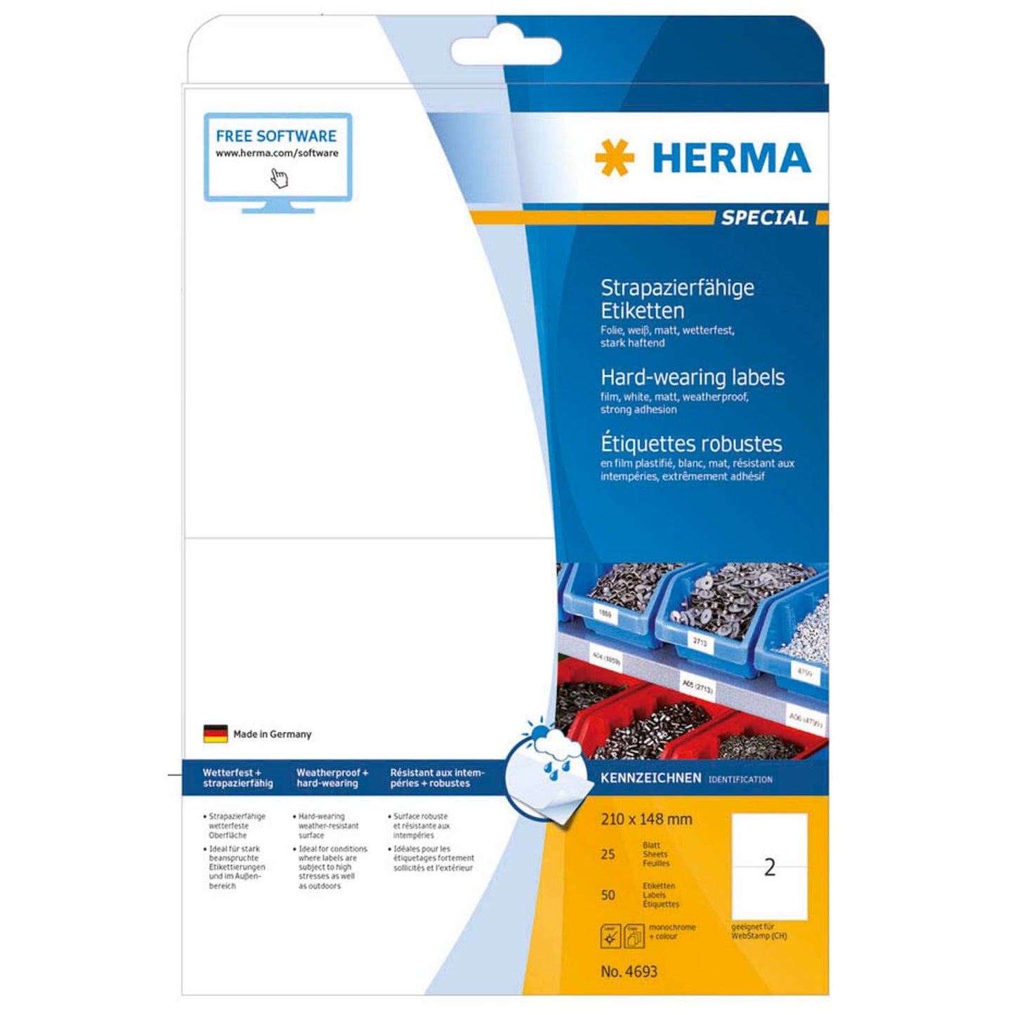 HERMA wetterfeste Folienetiketten weiß 210,0 x 148,0 mm | 4693 | 1 Pack = 25 Blatt