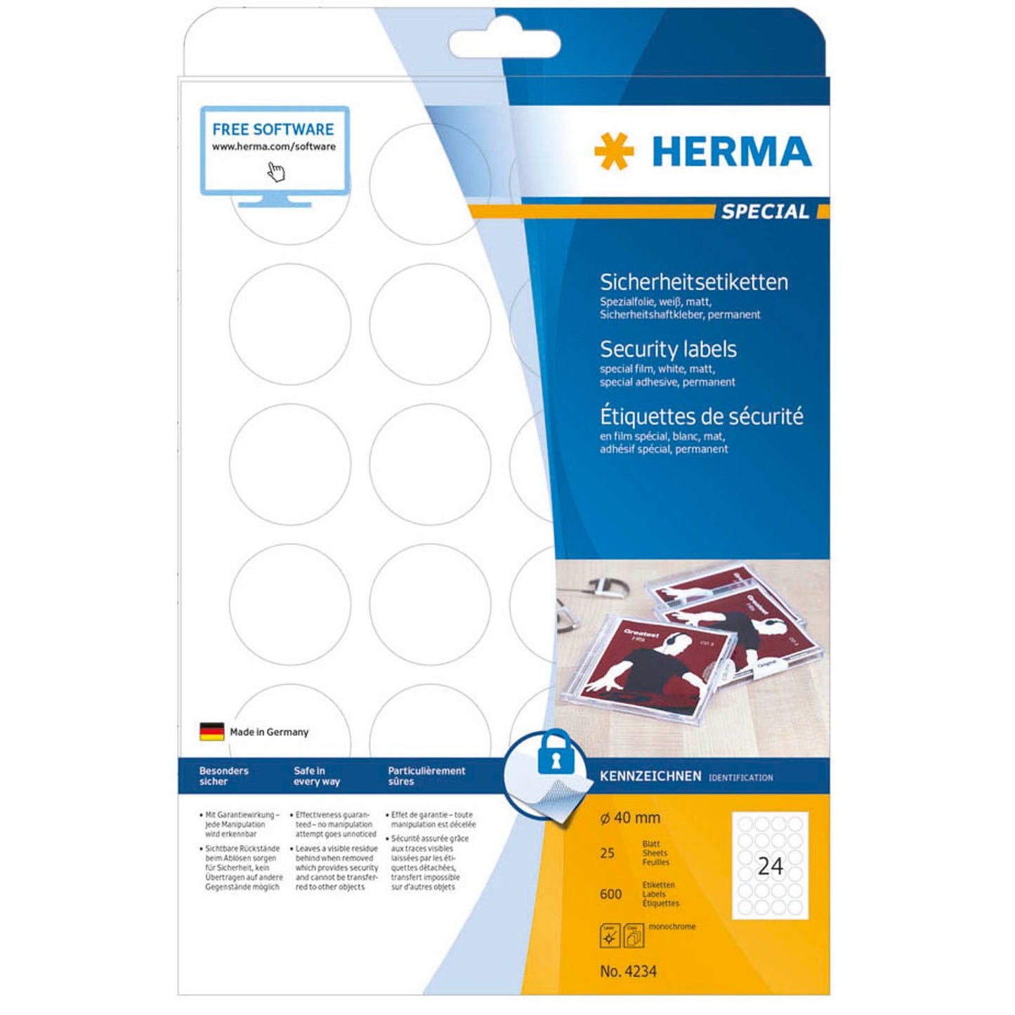 HERMA Sicherheitsetiketten weiß 40,0 x 40,0 mm | 4234 | 1 Pack = 25 Blatt