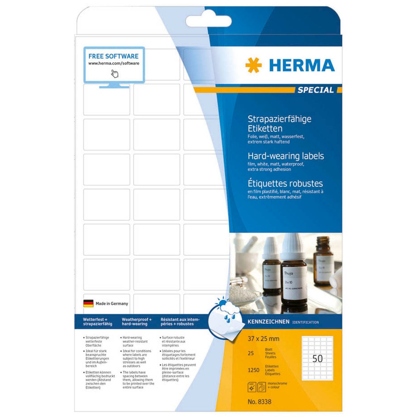 HERMA wetterfeste Folienetiketten weiß 37,0 x 25,0 mm | 8338 | 1 Pack = 25 Blatt