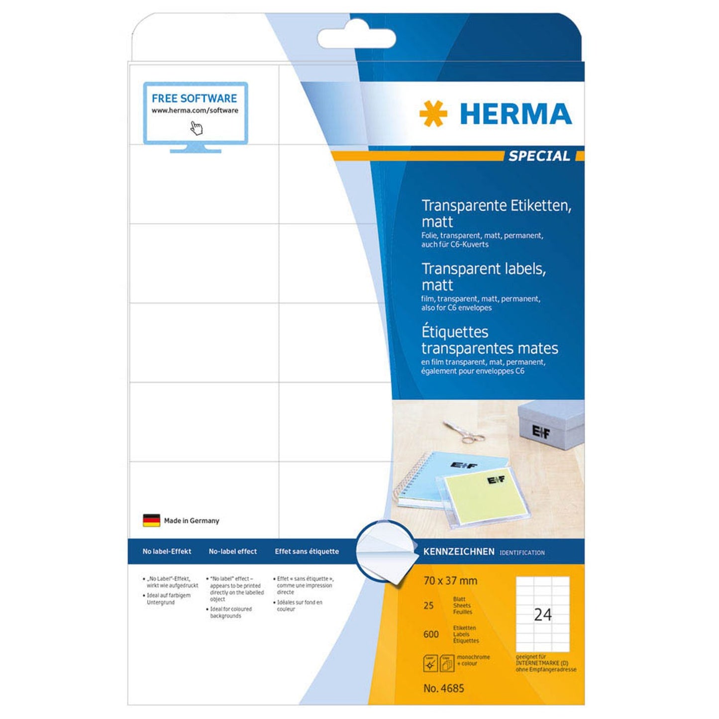 HERMA Folienetiketten transparent 70,0 x 37,0 mm | 4685 | 1 Pack = 25 Blatt