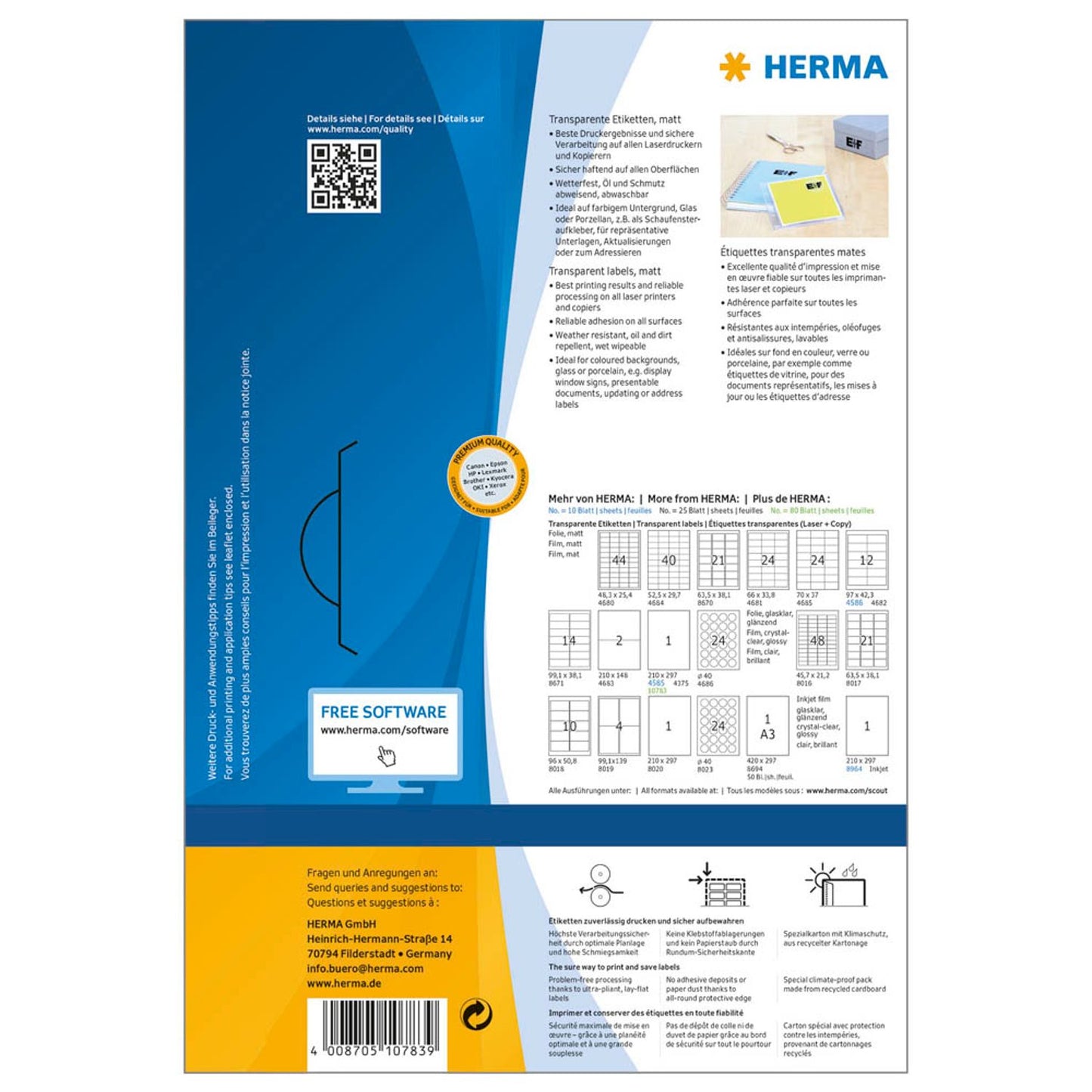 HERMA Folienetiketten transparent 210,0 x 297,0 mm | 10783 | 1 Pack = 80 Blatt