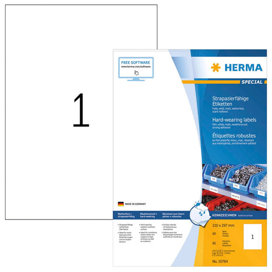 HERMA Folienetiketten weiß 210,0 x 297,0 mm | 10784 | 1 Pack = 80 Blatt