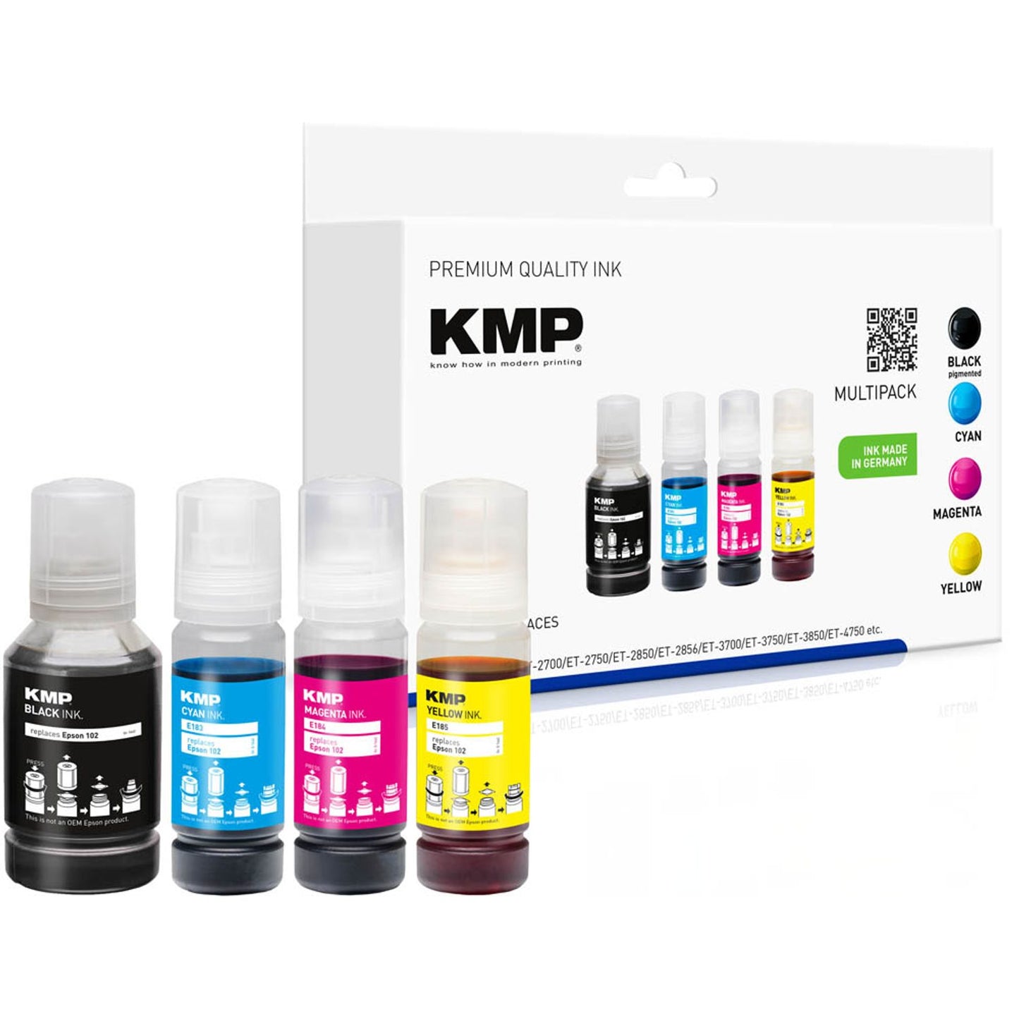 KMP schwarz, cyan, magenta, gelb Tintenflaschen kompatibel zu EPSON 102 (T03R640), 4er-Set | 1642,1005 | 1 Pack = 4 St.