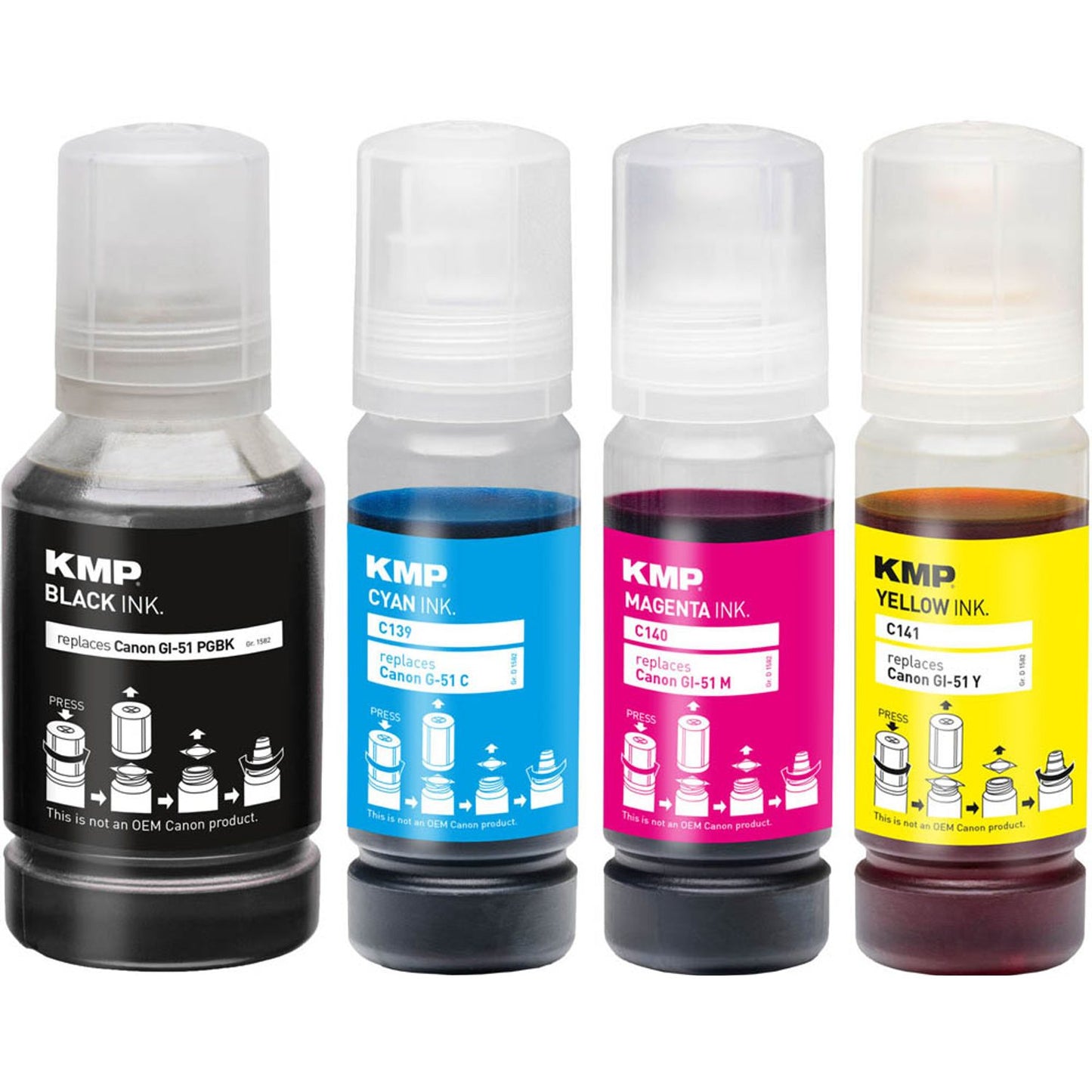 KMP schwarz, cyan, magenta, gelb Tintenflaschen kompatibel zu Canon GI51PGBK/C/M/Y, 4er-Set | 1582,1005 | 1 Pack = 4 St.