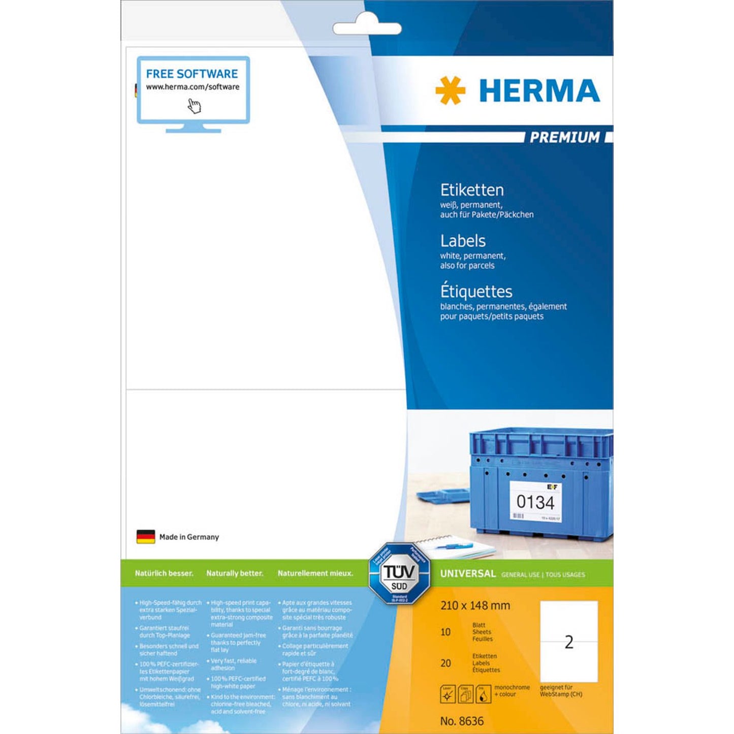 HERMA Etiketten weiß 210,0 x 148,0 mm | 8636 | 1 Pack = 10 Blatt