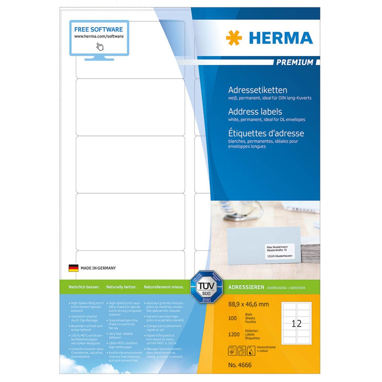 HERMA Etiketten weiß 88,9 x 46,6 mm | 4666 | 1 Pack = 100 Blatt