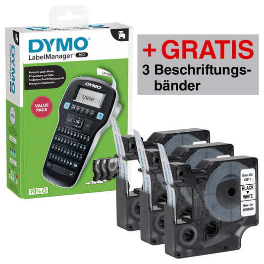 DYMO AKTION: LabelManager 160 Beschriftungsgerät + GRATIS 3 D1-Bänder schwarz auf weiß 12 mm | 2181012