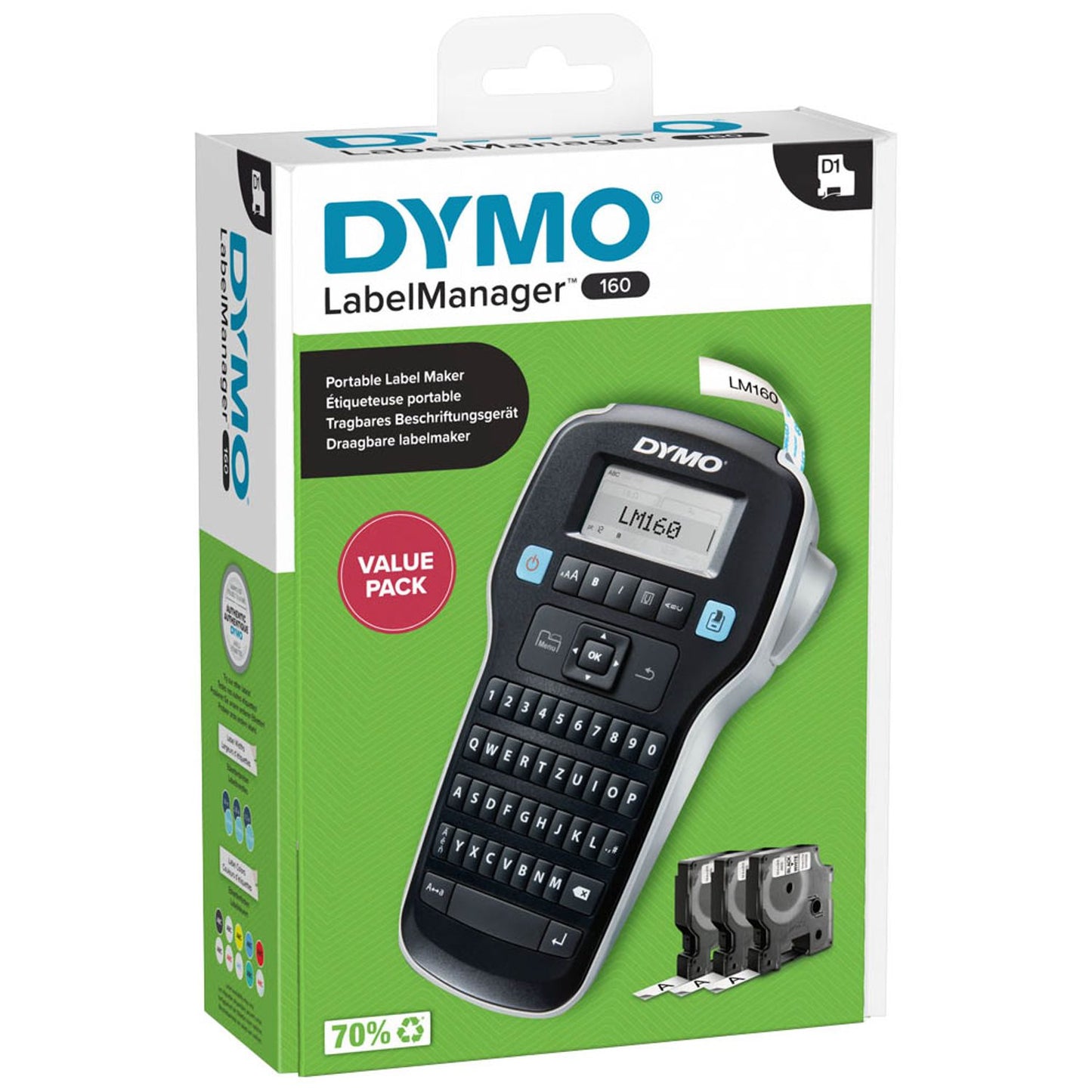 DYMO AKTION: LabelManager 160 Beschriftungsgerät + GRATIS 3 D1-Bänder schwarz auf weiß 12 mm | 2181012