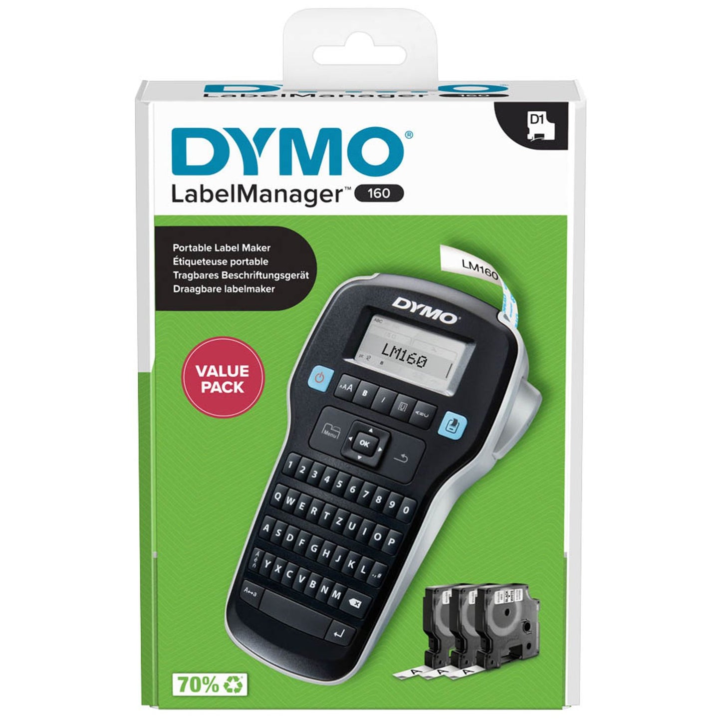 DYMO AKTION: LabelManager 160 Beschriftungsgerät + GRATIS 3 D1-Bänder schwarz auf weiß 12 mm | 2181012