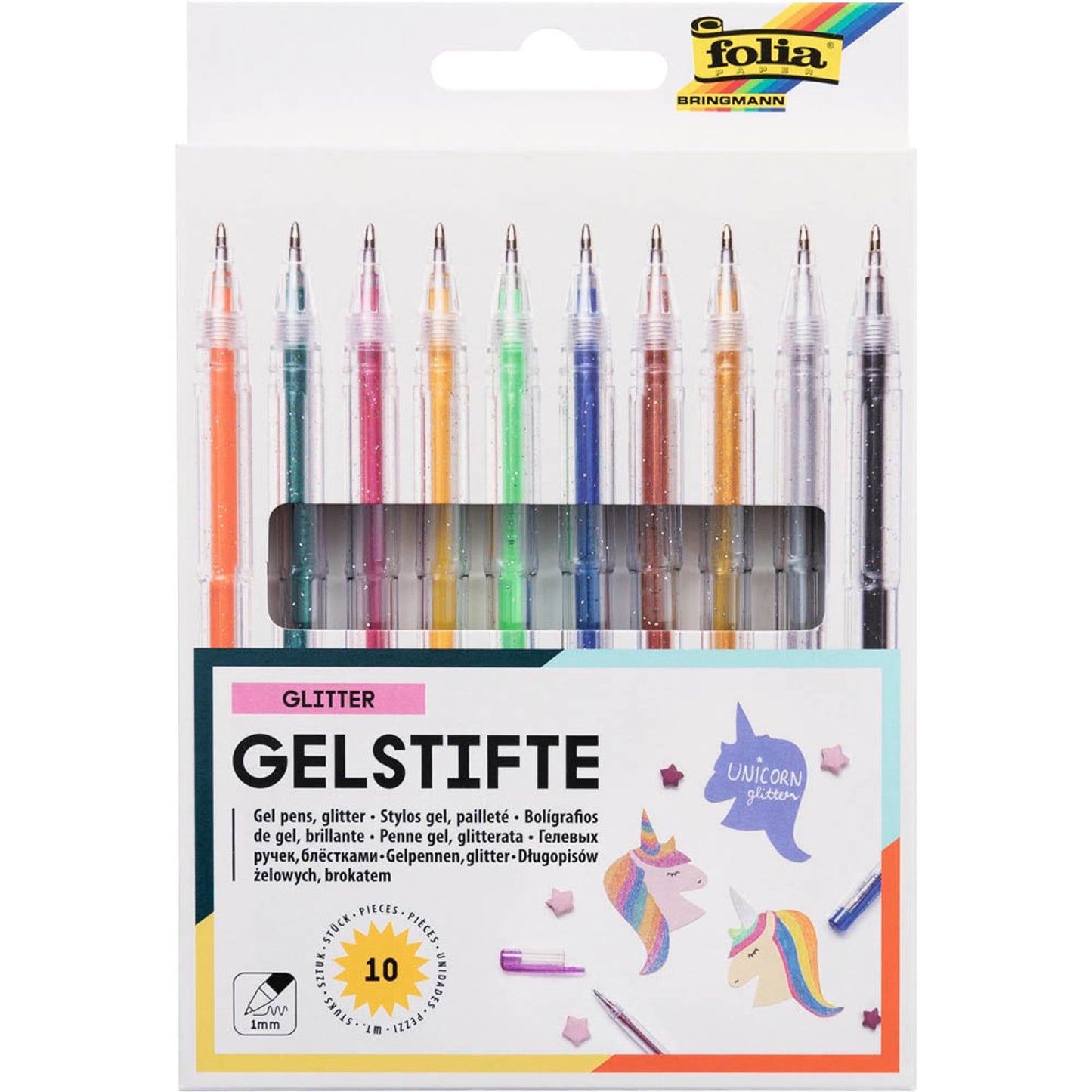 folia Glitter Gelschreiber-Set transparent 1,0 mm, Schreibfarbe: farbsortiert | 1913 | 1 Pack = 10 St.