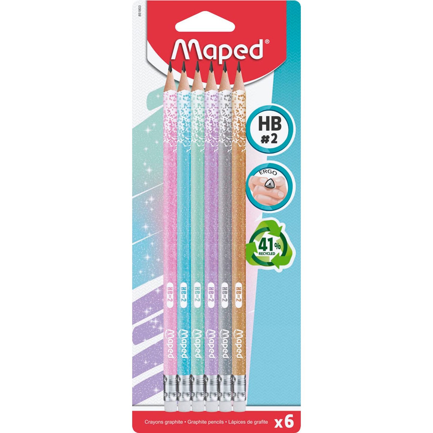 maped Black Peps Bleistifte HB farbsortiert und Glitzer mit Radierer | 851803 | 1 Pack = 6 St.