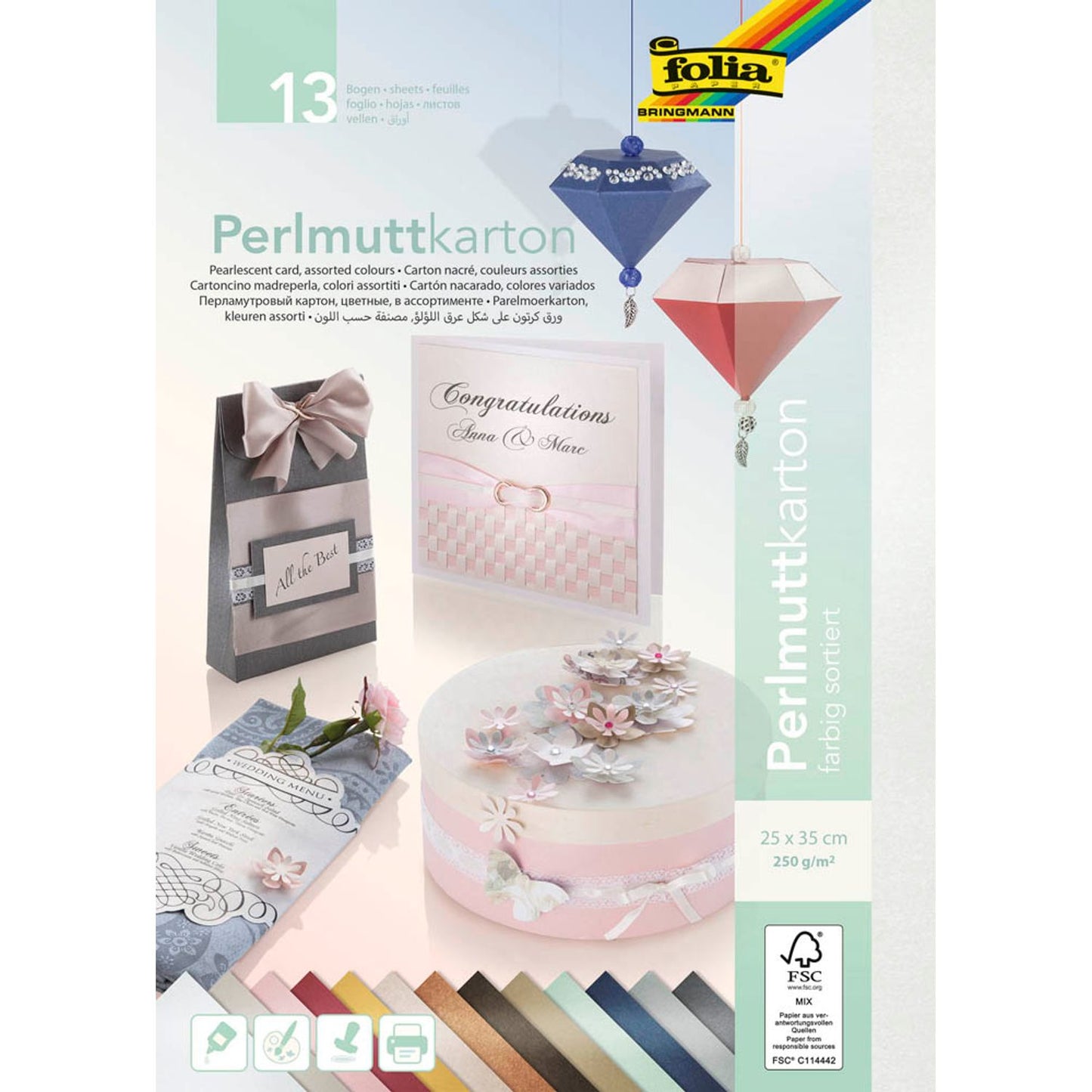 folia Tonpapier Perlmuttkarton farbsortiert 250 g/qm | 719409 | 1 Pack = 13 St.