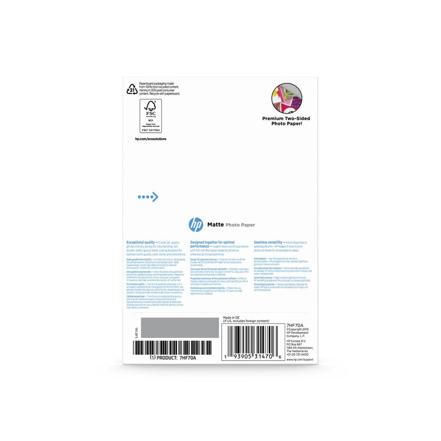 HP Fotopapier 10,0 x 15,0 cm matt 180 g/qm | 7HF70A | 1 Pack = 25 Blatt