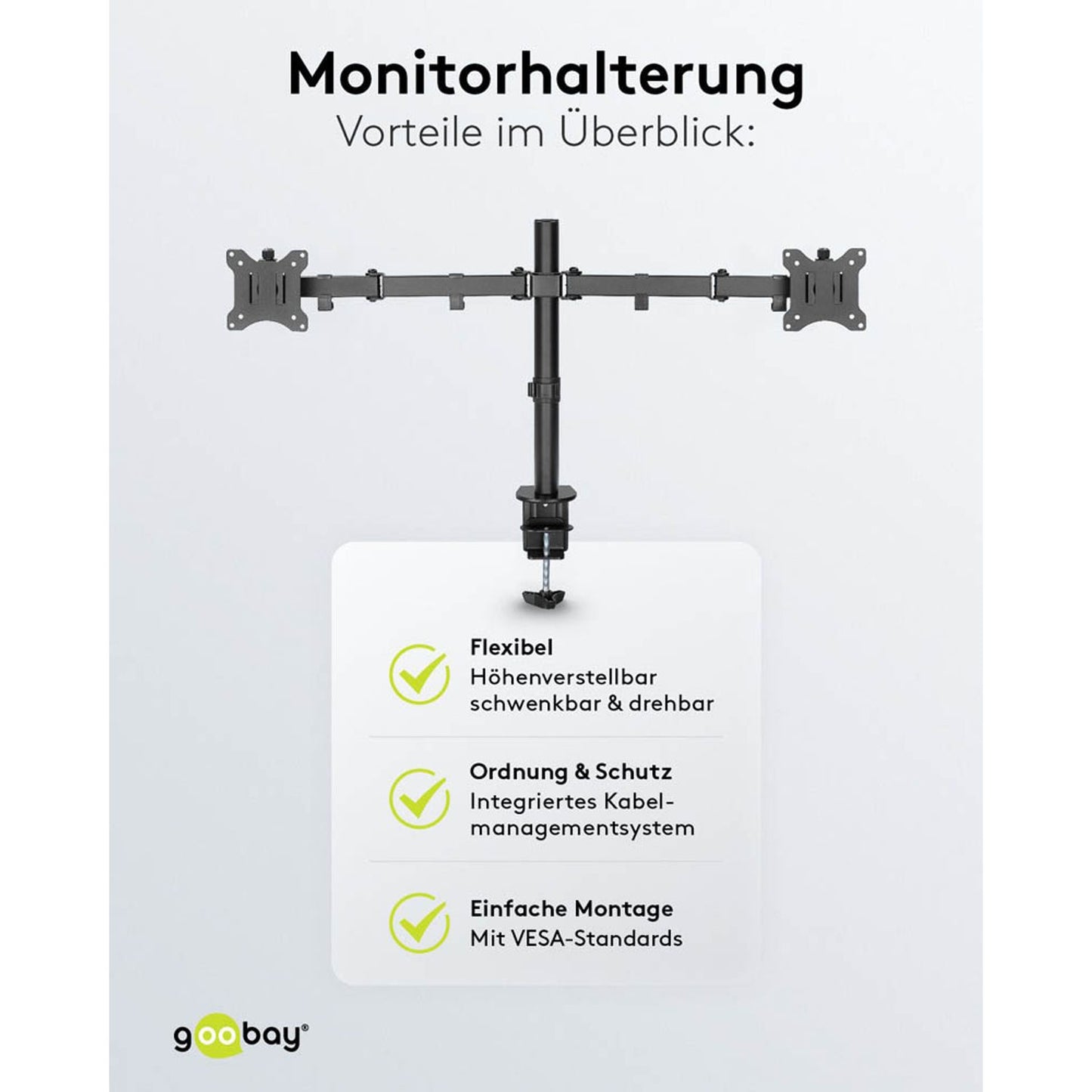 goobay Monitor-Halterung Flex schwarz für 2 Monitore, Tischklemme | 58529