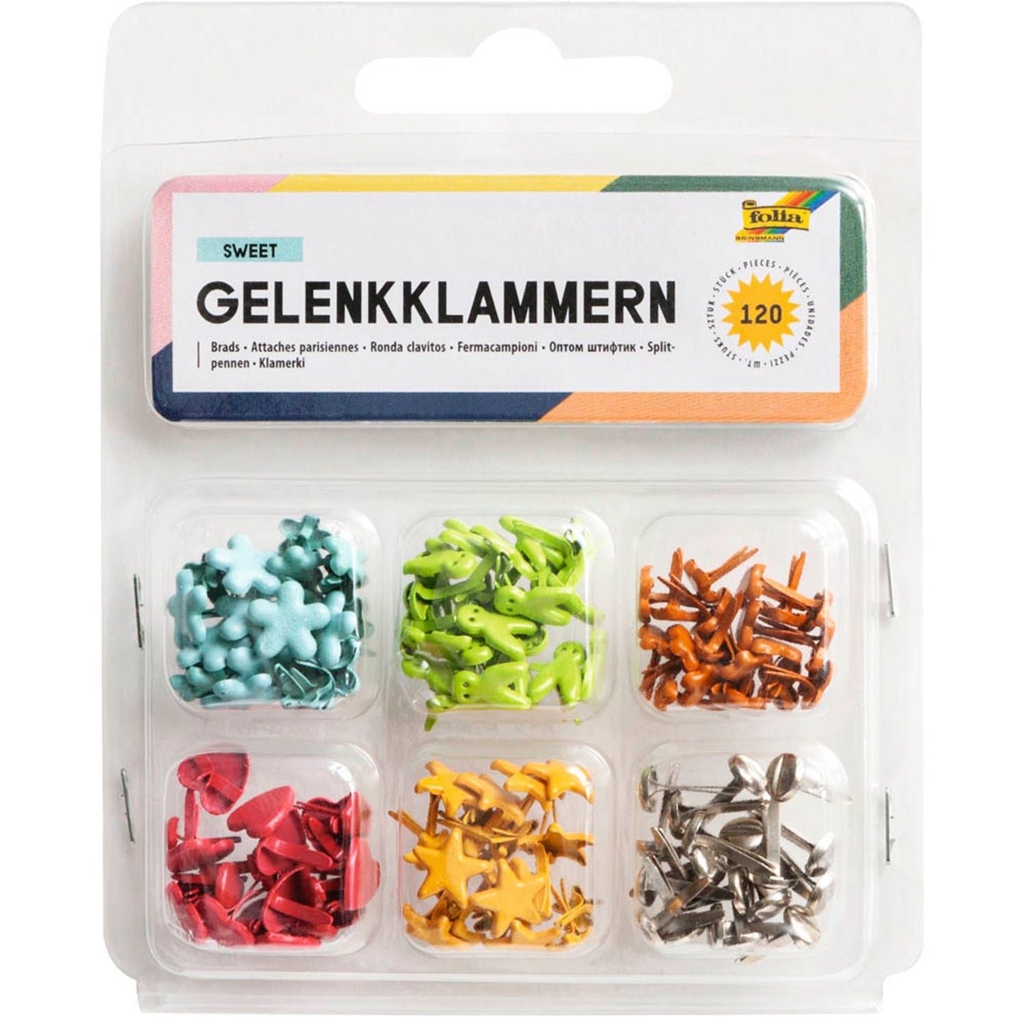 folia Musterbeutelklammern zum Basteln Mini-Brads Sweet 7 mm, 6 Motive | 12502 | 1 Pack = 120 St.