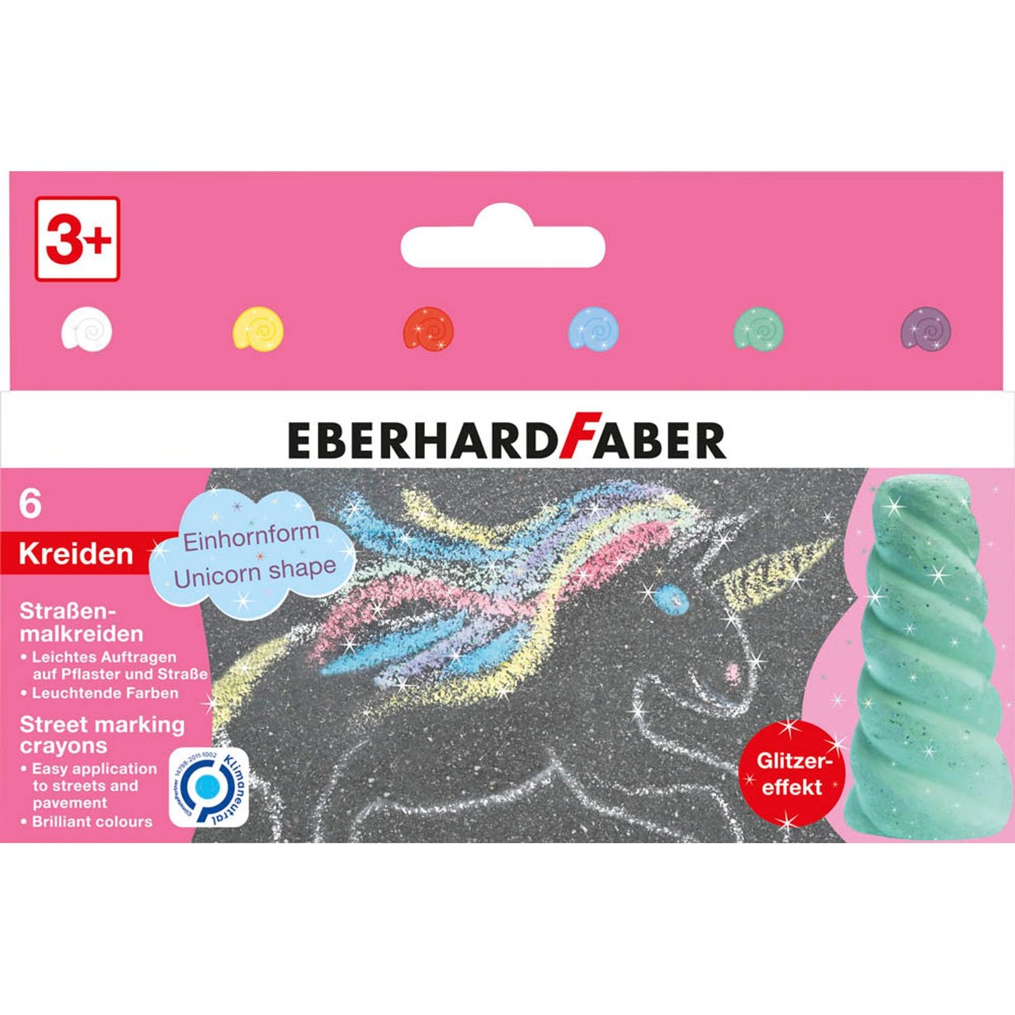 EBERHARD FABER Einhorn Straßenmalkreide Glitzer farbsortiert | 526560 | 1 Pack = 6 St.
