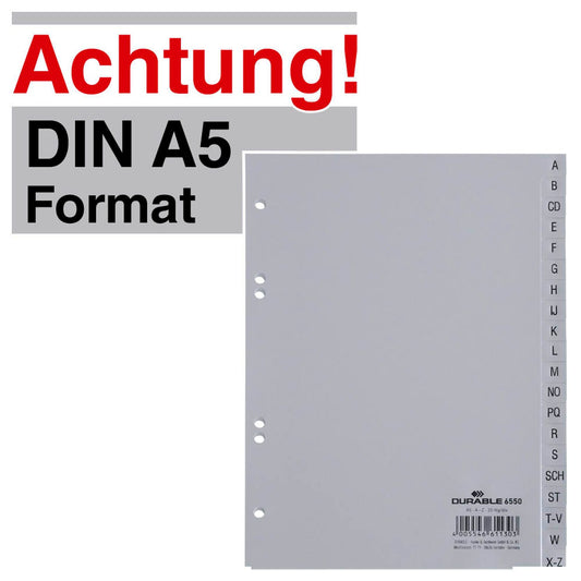 DURABLE Ordnerregister Halbformat, hoch A-Z grau 20-teilig | 655010