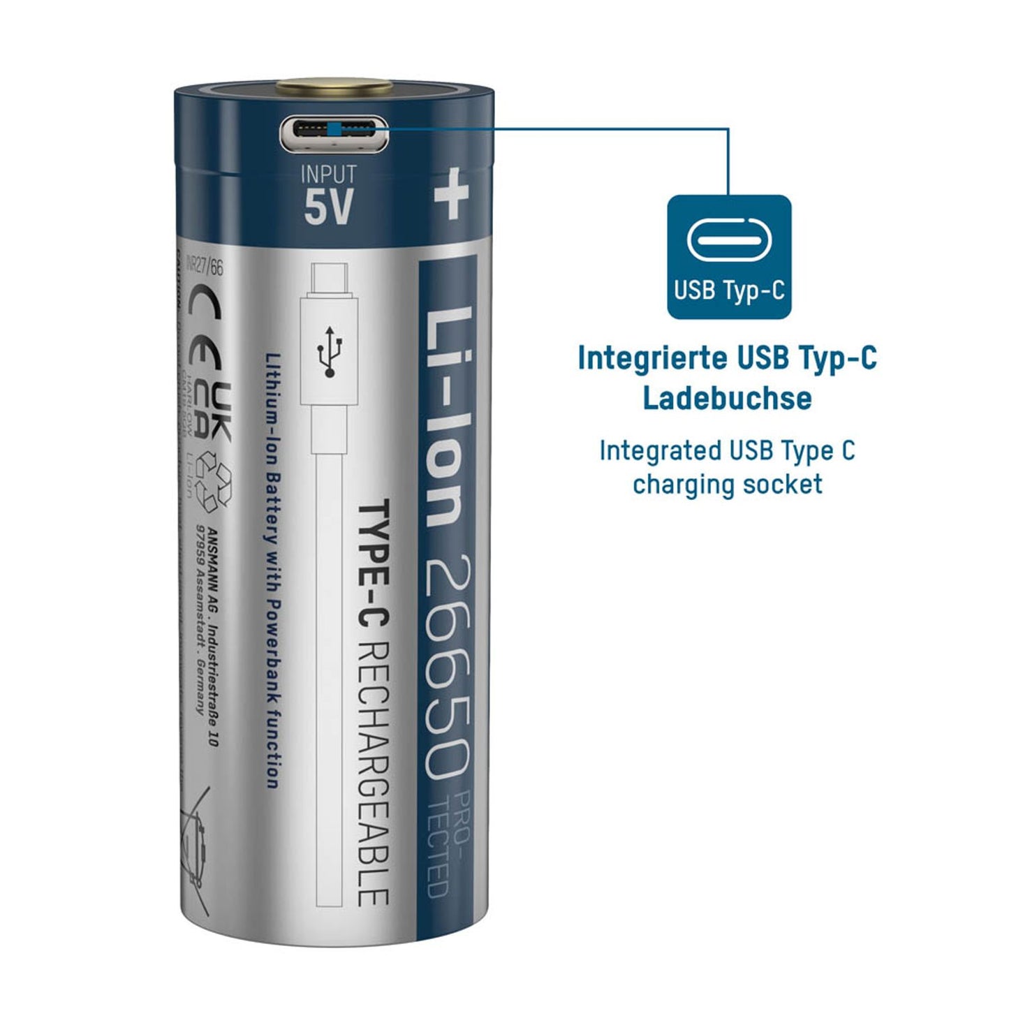 ANSMANN USB-Akku mit Ladekabel 26650 26650 5100 mAh | 1307-0012