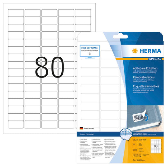 HERMA Etiketten weiß 35,6 x 16,9 mm | 10003 | 1 Pack = 25 Blatt