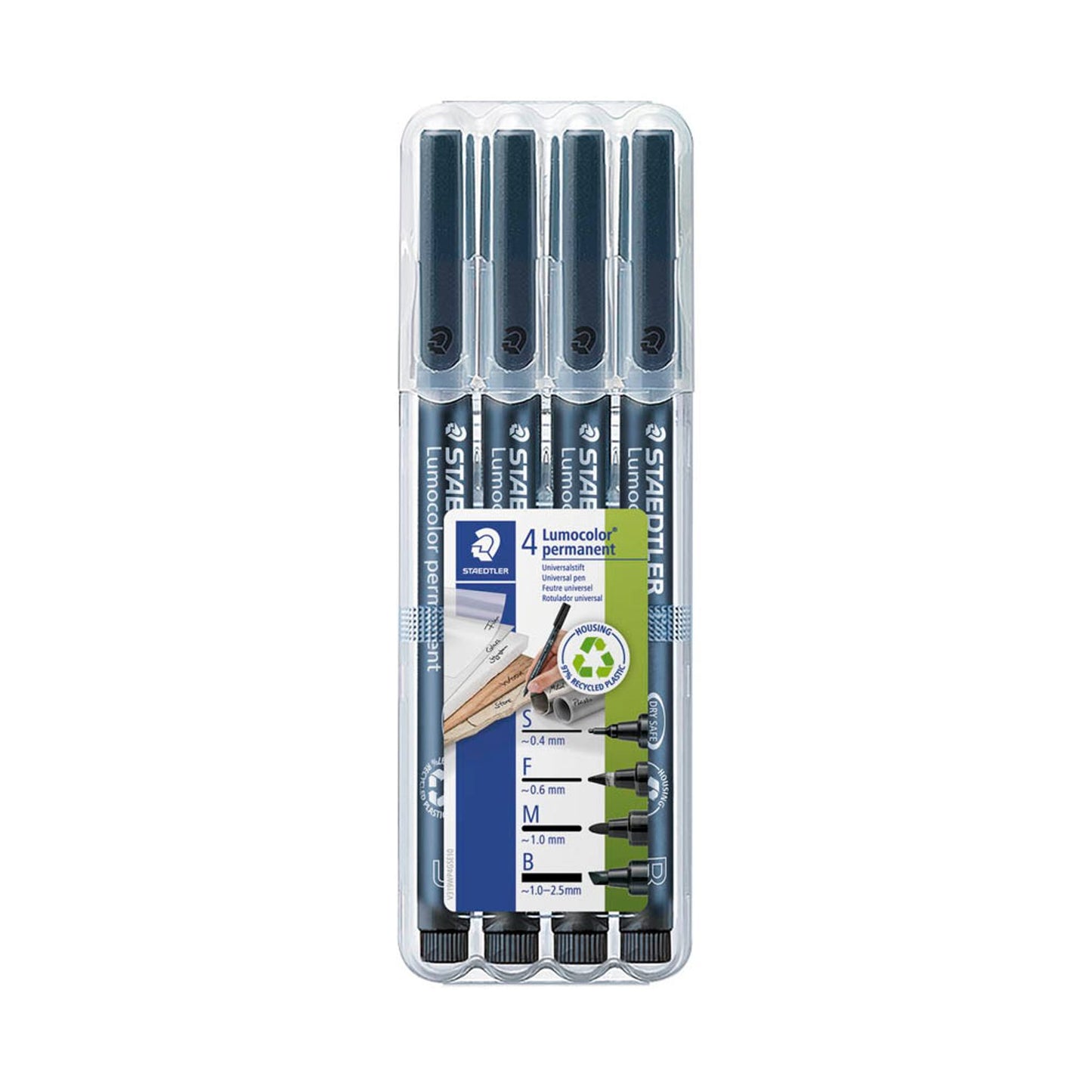 STAEDTLER Lumocolor Folienstifte schwarz 0,4 + 0,6 + 1,0 + 2,5 mm permanent | 31-9WP4GS | 1 Pack = 4 St.