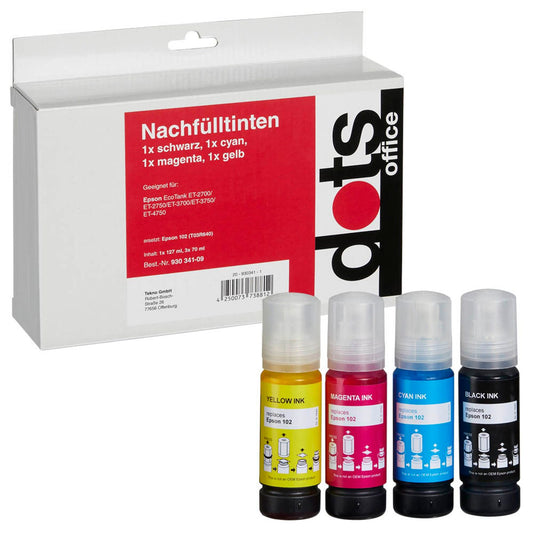 dots schwarz, cyan, magenta, gelb Tintenflaschen kompatibel zu EPSON 102 (T03R640), 4er-Set | 1642,1005-DOTS | 1 Pack = 4 St.