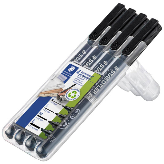 STAEDTLER Lumocolor Folienstifte schwarz 0,4 + 0,6 + 1,0 + 2,5 mm permanent | 31-9WP4GS | 1 Pack = 4 St.