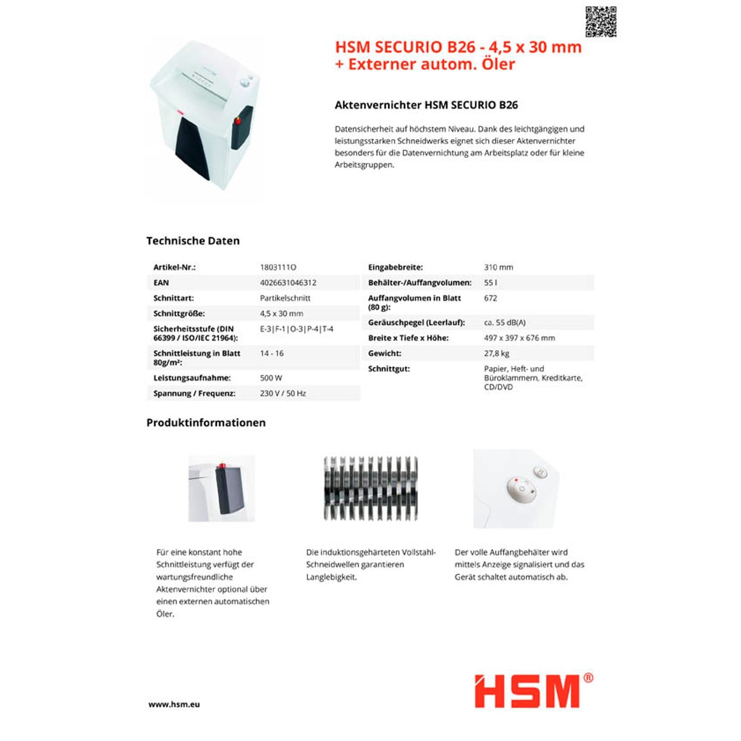 HSM Securio B26 - externer autom. Öler Aktenvernichter mit Partikelschnitt P-4, 4,5 x 30 mm, bis , weiß | 1803111O
