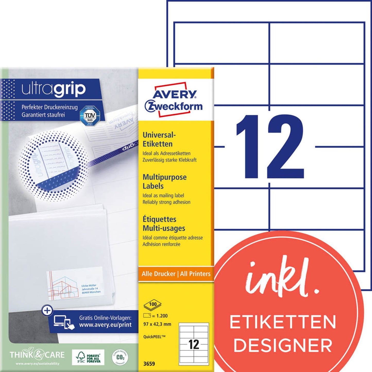 AVERY Zweckform Etiketten weiß 97,0 x 42,3 mm | 3659 | 1 Pack = 100 Blatt