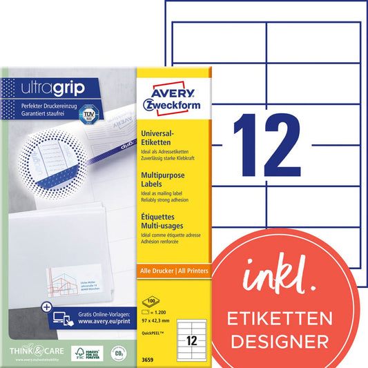 AVERY Zweckform Etiketten weiß 97,0 x 42,3 mm | 3659 | 1 Pack = 100 Blatt