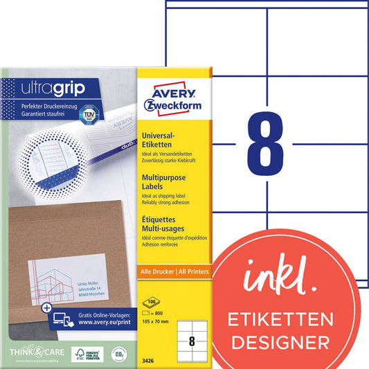 AVERY Zweckform Etiketten weiß 105,0 x 70,0 mm | 3426 | 1 Pack = 100 Blatt
